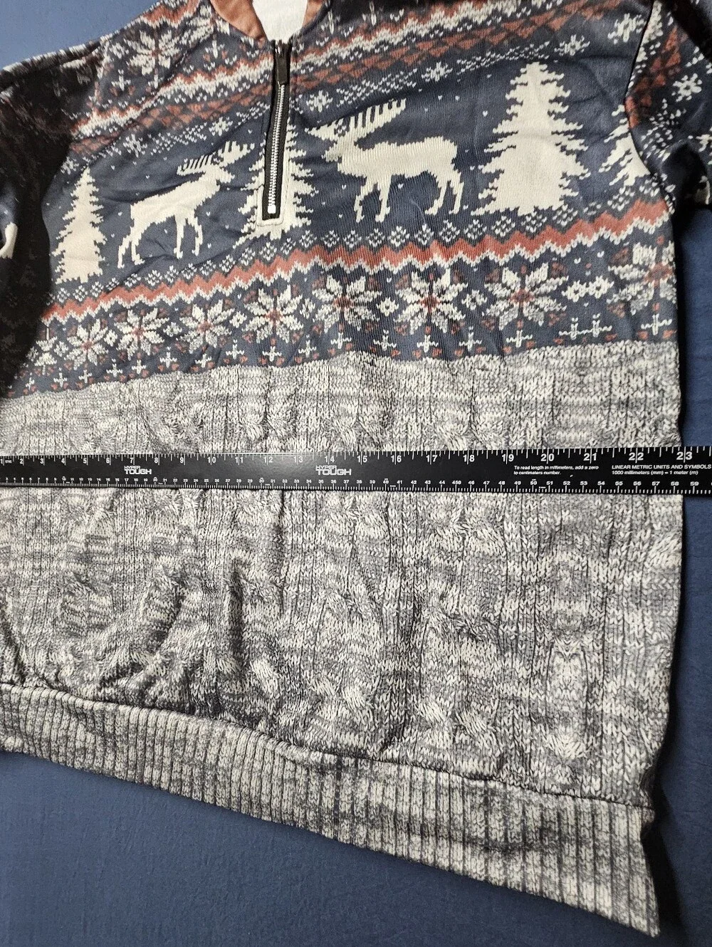 Fair Isle Zip Pullover with Reindeer & Elbow Patches - Navy, Cream & Rust